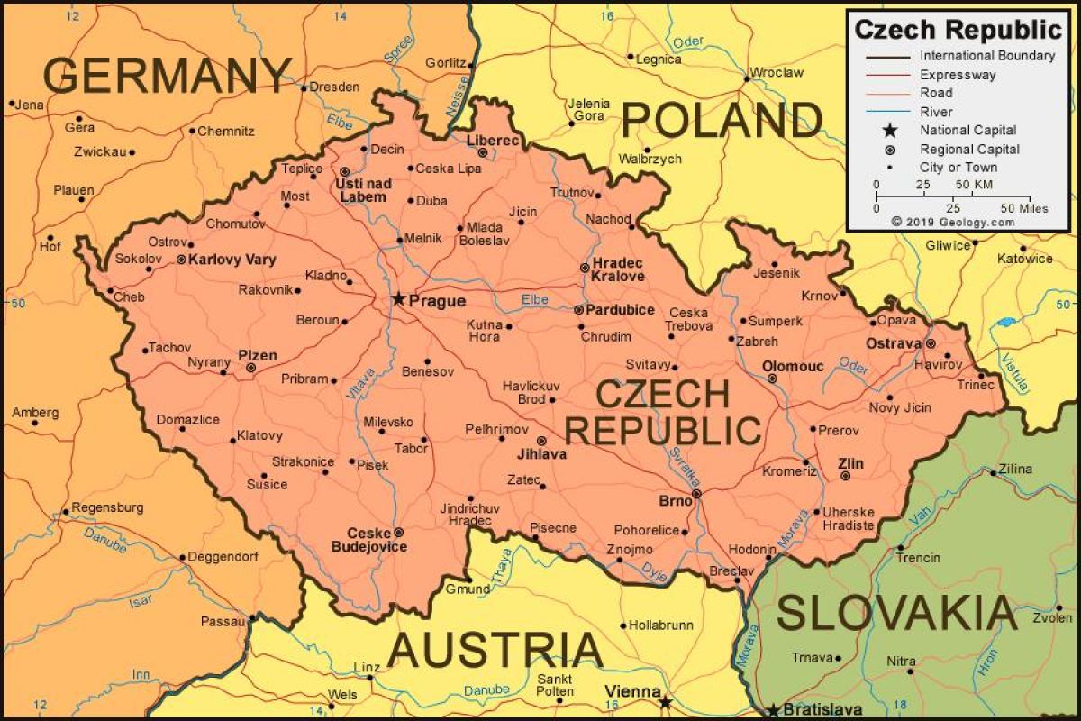 Mappa della Repubblica Ceca (Cecoslovacchia) e dei paesi confinanti